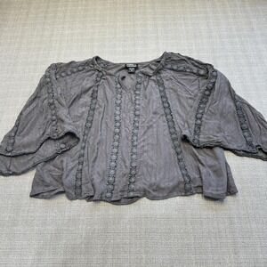 Boho Gray Crochet Trim Peasant Top Medium Bell Sleeve Festival Blouse Angie
